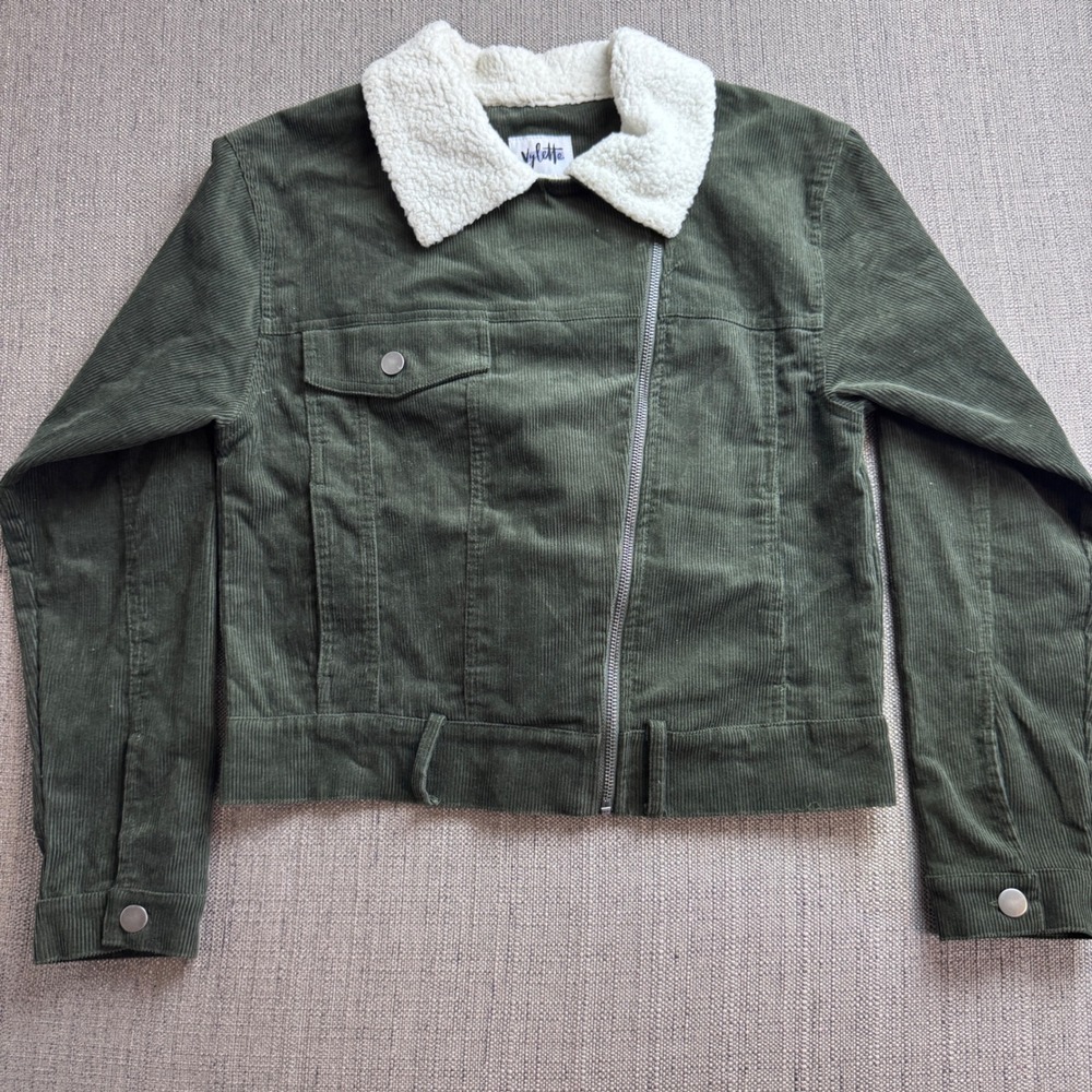 Vylette Olive Green Corduroy Moto Jacket Faux Shearling Collar Medium
